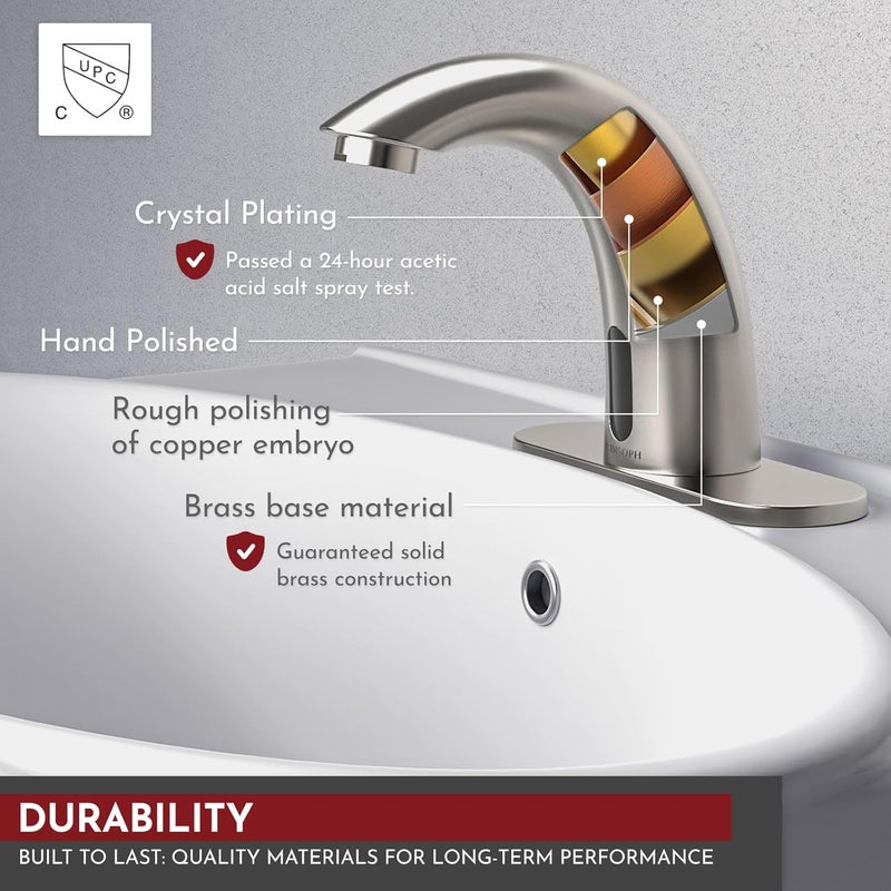 PRIMSOPH Automatic Motion Sensor Hands Free Electronic Infrared Smart Commercial Touchless Bathroom Sink Faucet with Cover Plate Temperature Mixer Battery or Plug-in Powered Brushed Nickel - Image 3